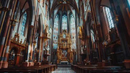 Obraz premium A grand interior of a cathedral featuring stained glass windows and ornate decorations.