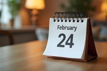 A calendar page flipping to February 24 , set in a cozy desk scene.