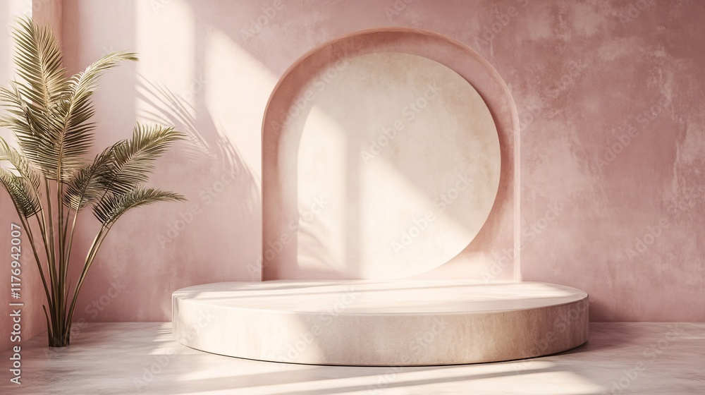 Poster elegant minimalist setting with circular backdrop and natural sunlight