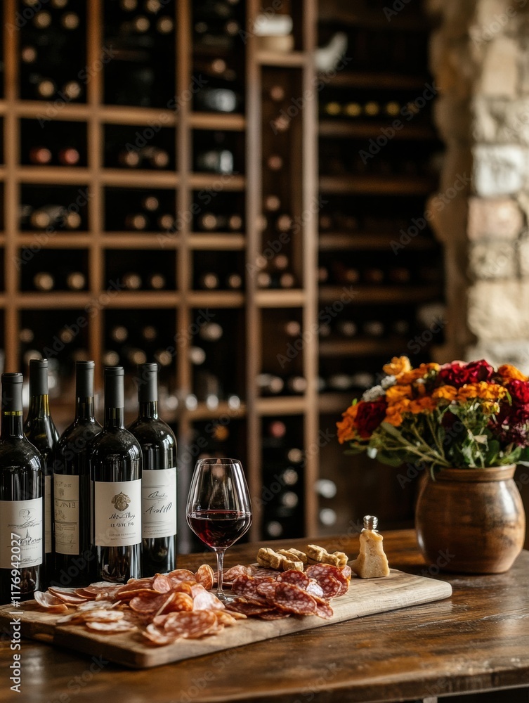 Poster elegant wine cellar features vintage bottles and a tasting table with wine and charcuterie. generati
