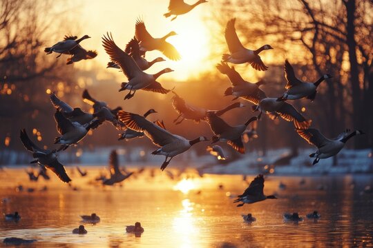 Flock of geese migrates during spring at sunrise over glistening water in serene setting