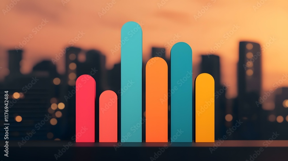 Poster a stylized bar graph with five colorful columns of varying heights is set against a blurred cityscap