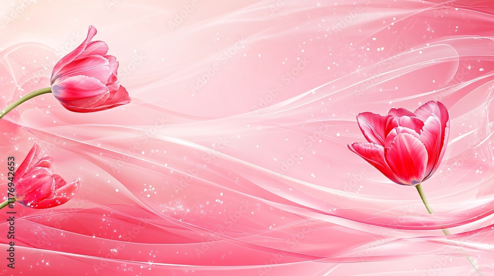 Poster beautiful tulips in soft pink hues with flowing abstract patterns and gentle light