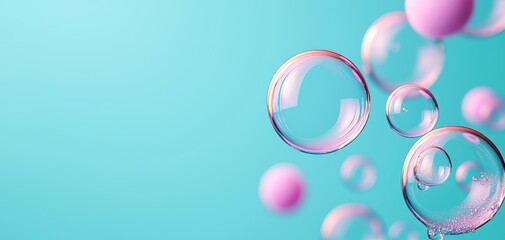 Colorful translucent soap bubbles floating against a bright blue background ideal for playful, dreamy, or clean-themed designs