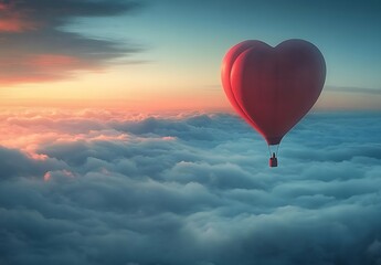 Obraz premium Happy Valentines Day with Red Heart-Shaped Air Balloon in the Sky