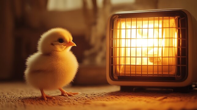 A little chick gazing curiously at a glowing electric heater
