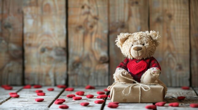 Charming teddy bear in heart shirt with a gift box, surrounded by vibrant hearts for a sweet touch