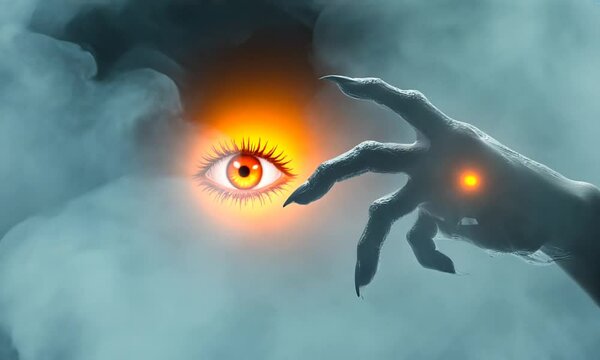 A ghostly hand emerges from swirling smoke, evoking a mystical or supernatural theme.