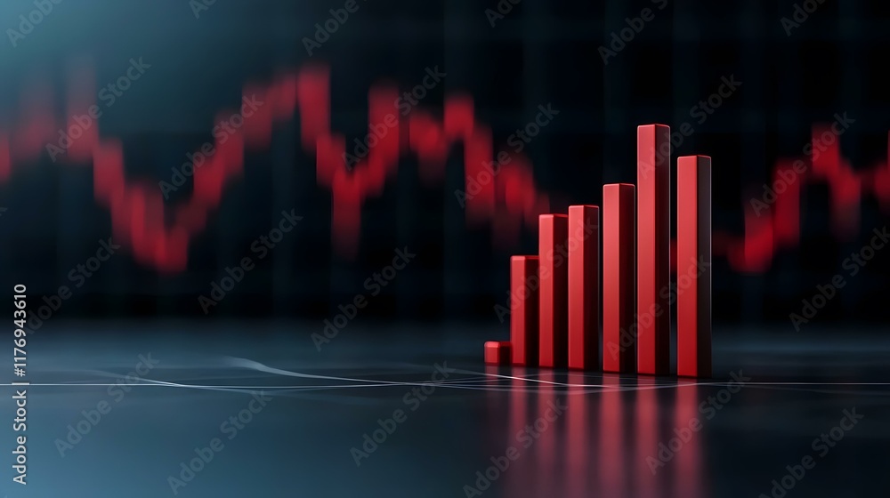 Poster the image contains a 3d rendering of a bar graph showing a sharp decline, depicted in red against a 