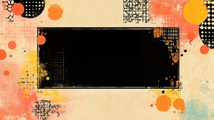 Colorful abstract background with black frame and artistic patterns.