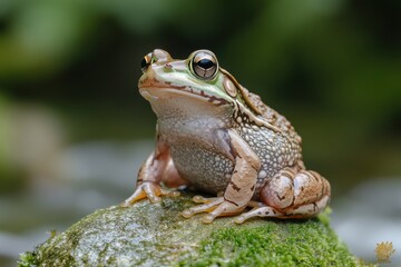 Fototapeta premium Frog resting on a mossy stone near a tranquil spring in a lush natural environment