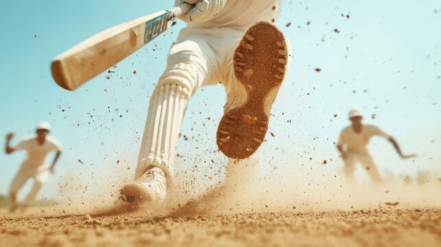 Dynamic Cricket Action Youth Engaged in a Thrilling Match on a Dusty Field