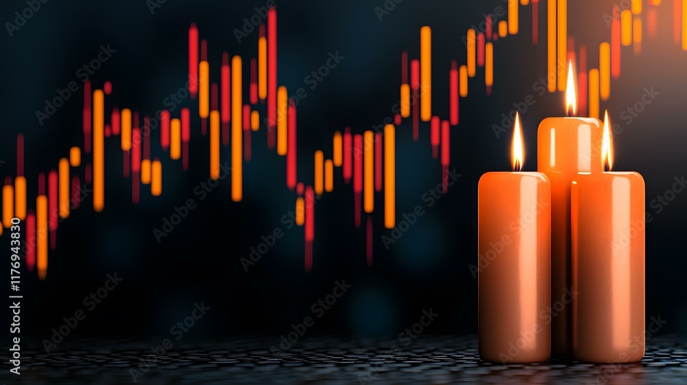 Poster three lit orange candles sit on a dark surface in front of a blurred background showing a candlestic