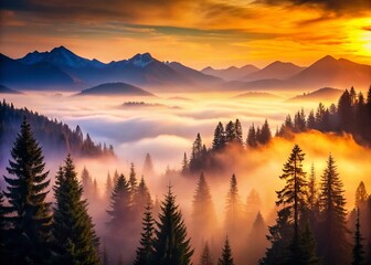 Misty Dawn Mountain Forest Silhouette: Tall Pine Trees & Fog-Covered Peaks