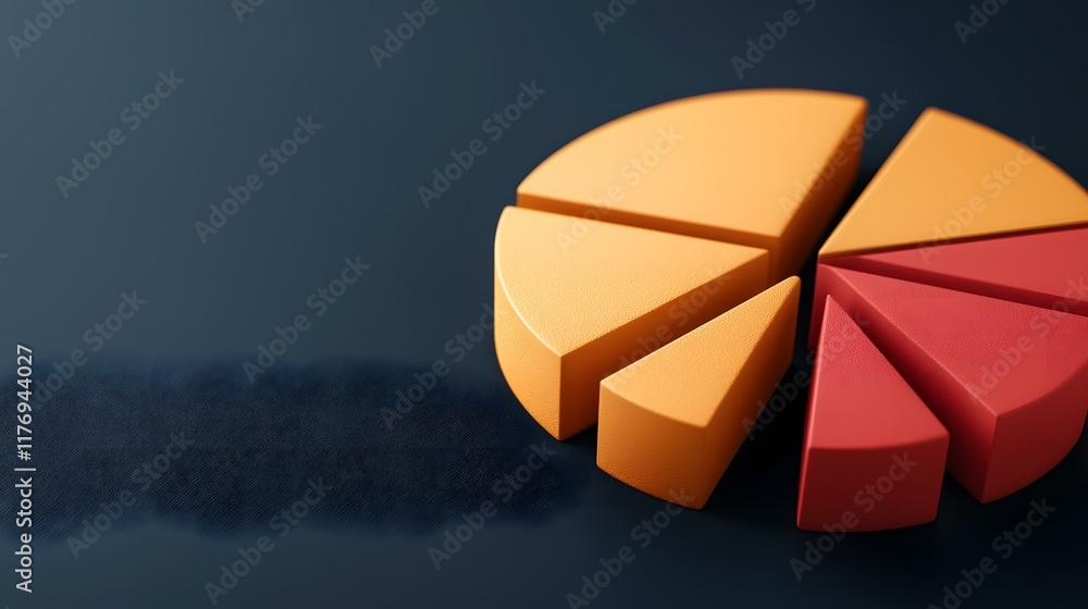 Poster a three-dimensional pie chart with segments in orange and red sits on a dark blue surface.
