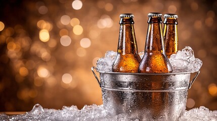 Chilled bottles of beer in a metal bucket filled with ice against a sparkling background