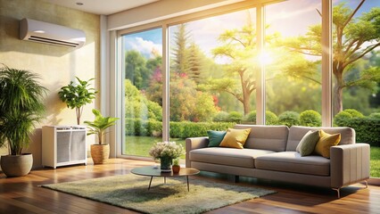 Fototapeta premium Modern Air Conditioner Cooling Contemporary Living Room with Garden View - Bokeh Effect Stock Photo