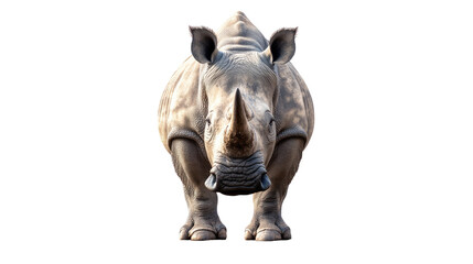Fototapeta premium Rhino Portrait: A powerful and majestic white rhino stares directly at the camera, showcasing its imposing presence and intricate details. The rhino's horn, wrinkled skin.