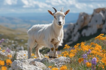 Naklejka premium Goat climbing rocky terrain surrounded by vibrant wildflowers in a picturesque landscape