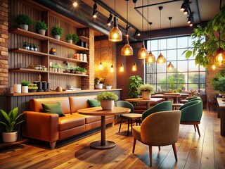 Modern Cafe Restaurant Interior Design, 3D Render, Cozy Atmosphere