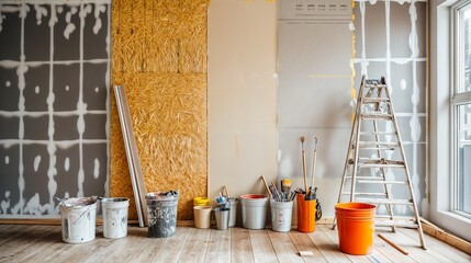 Construction site with buckets, tools and ladder showing renovation progress