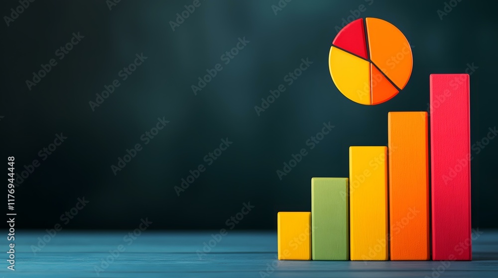 Poster a colorful pie chart floats above a rising bar graph, illustrating growth and data visualization.
