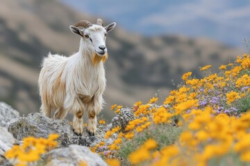 Obraz premium Goat navigating rocky terrain surrounded by vibrant wildflowers in natural habitat
