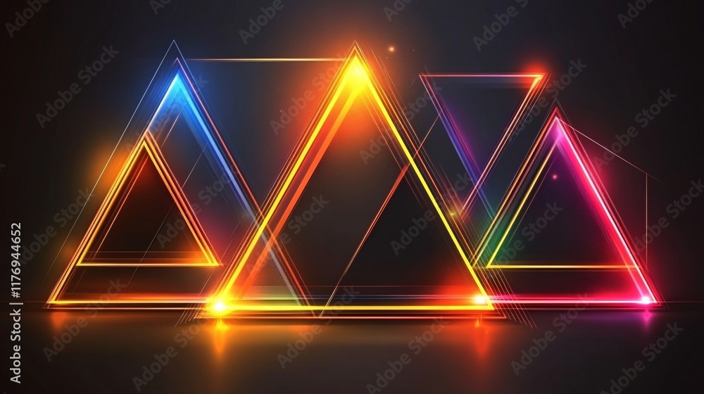 Poster colorful geometric shapes with glowing edges create a striking visual effect in dark space