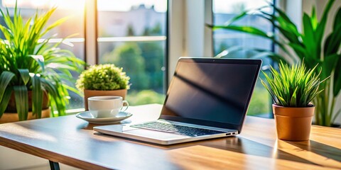 Fototapeta premium Modern Freelancer Working from Home on Laptop, Rule of Thirds Composition