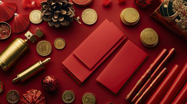 A flat lay of Chinese New Year essentials red envelopes, gold coins, firecrackers, and symbolic decorations on a festive background