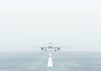 Airplane Approaching Runway Through Dense Fog with Illuminated Runway Lights