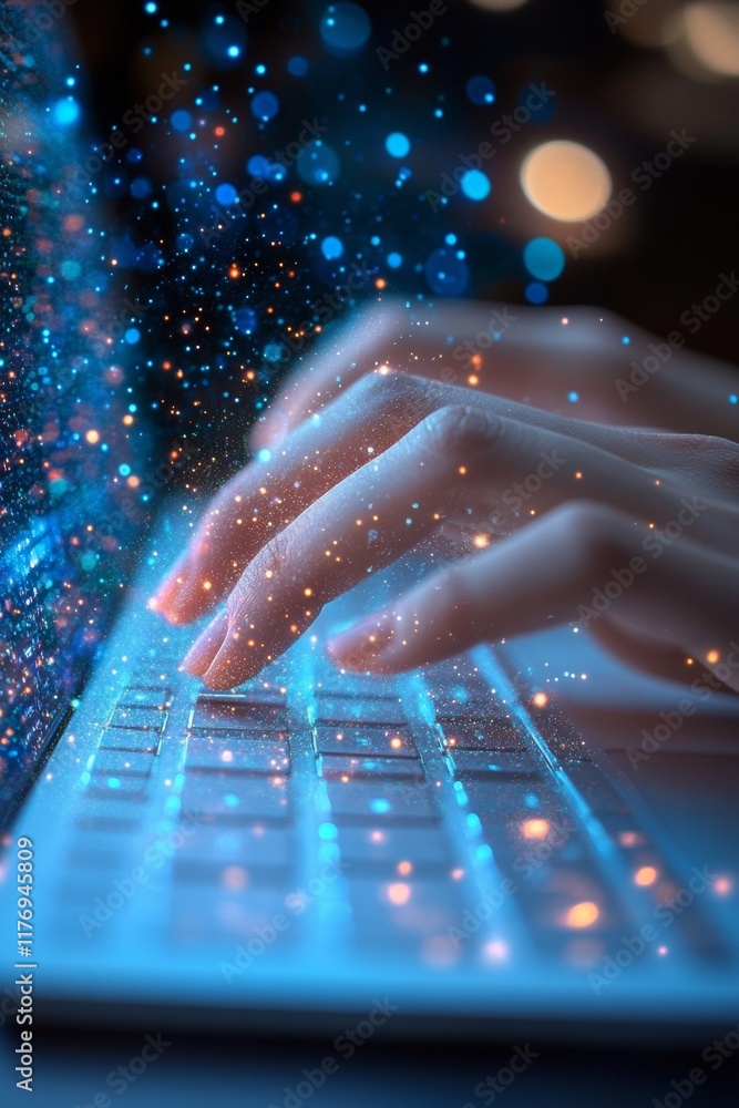 Poster futuristic typing fingers on sleek white keyboard with digital holograms