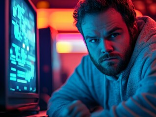 Intense Retro Gaming Focus Middle-Aged Man Engaged in Neon-Lit, Nostalgic Tech Environment