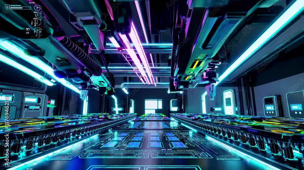 Poster exploring a futuristic technology lab filled with glowing neon lights and advanced machinery at nigh