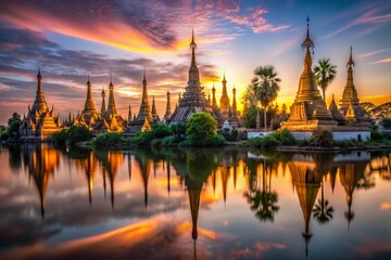 Fototapeta premium Mystical Shwe Indein Pagoda Complex at Sunset, Inle Lake, Myanmar