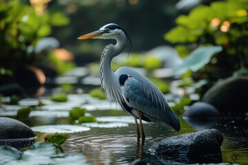 Naklejka premium Heron standing still in tranquil water surrounded by lush greenery during early morning