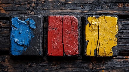 Colorful paint blocks on a rustic wood surface, displaying vibrant hues and textures