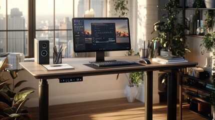 Modern electric standing desk with computer, plants, and speakers in a bright office.