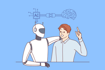 Collaboration of AI and business man using modern technologies or innovations to improve work. Robot with AI hugs colleague proud of implementation of artificial intelligence in job process