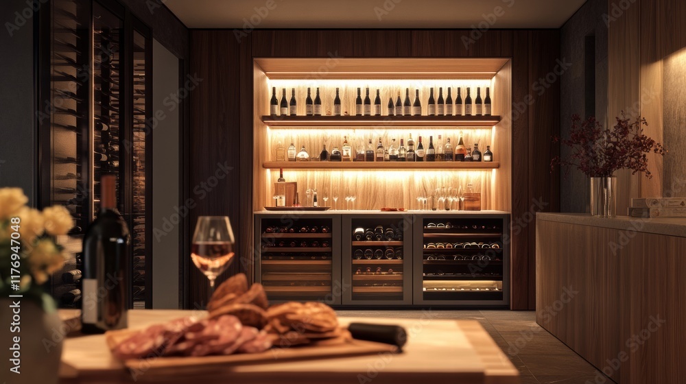 Poster elegant wine cellar featuring vintage bottles and a charcuterie board with red wine for tasting. gen