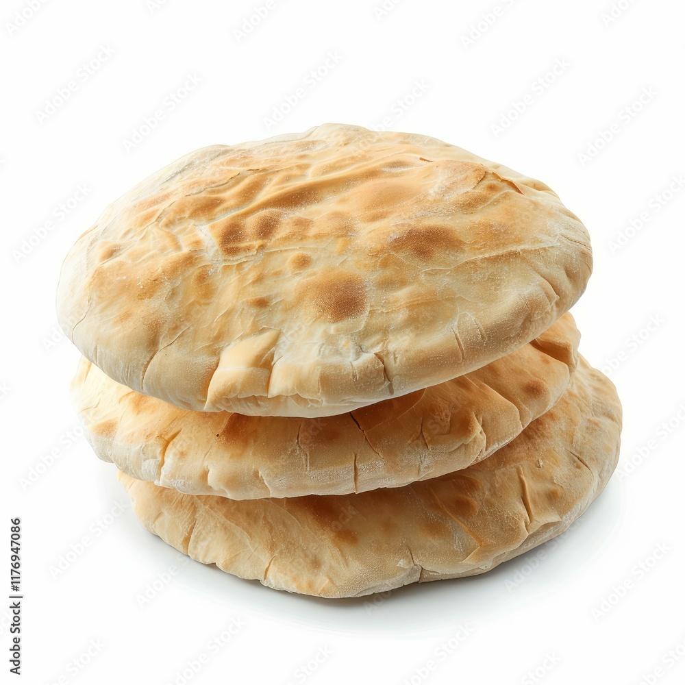 Poster three pita breads stacked, creating appetizing layers, isolated on white