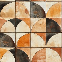 A geometric tile pattern with warm earth tones, featuring alternating semicircles and squares, creating a visually appealing mosaic effect.