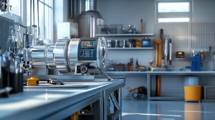 Modern industrial workshop with high-tech machinery and tools.