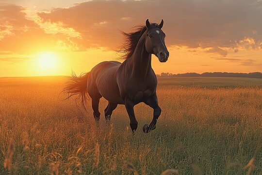 Black horse galloping gracefully across a grassy field at sunset - Powered by Adobe