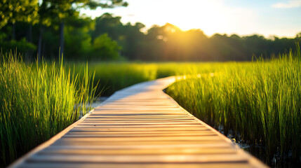 Fototapeta premium Serene wooden pathway winding through lush green grass under soft sunlight, inviting tranquility and connection with nature.