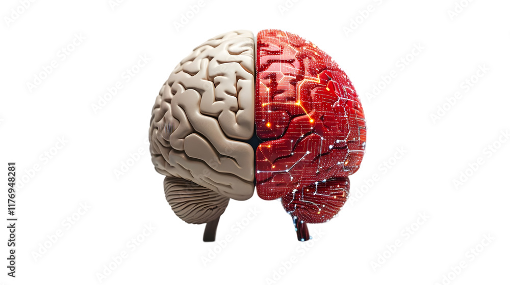 Poster brain combined half merging with technology isolated on a transparent background