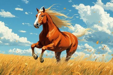 Obraz premium Horse galloping through a sunlit field of golden grass under a bright blue sky