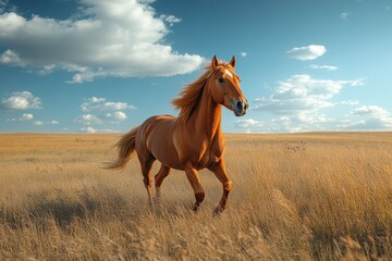 Horse galloping joyfully through a sunlit field against a clear blue sky