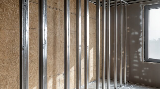 Metal stud framing and osb sheathing creating partition wall in house construction