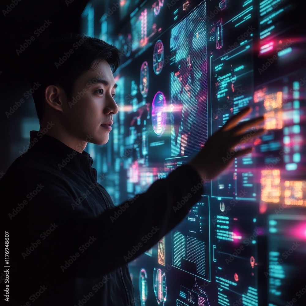 Poster korean man engaging with neon productivity dashboards for remote work efficiency